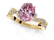 Solitaire Engagement Ring Setting for Fancy Pink Oval Center with Bar-Station Pave Twist and Prong Head in Yellow Gold