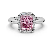 Halo Engagement Ring Setting for Fancy Pink Radiant Cut Center with Tapered Plain Band and Prong Head in Platinum