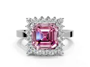 Starburst Halo Engagement Ring Setting for Fancy Pink Asscher Cut Center with Flat Cathedral Band and Prong Head in White Gold