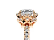 Halo Engagement Ring Setting for Asscher Cut Center with Openwork Halo, Pave Band and Prong Head in Rose Gold