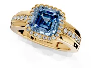 Halo Engagement Ring Setting for Fancy Blue Asscher Cut Center with Wide Band, Inlaid Accent Row and Prong Head in Yellow Gold