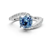 Solitaire Engagement Ring Setting for Fancy Blue Cushion Cut Center with Pave Bypass Swirl Band and Prong Head in White Gold