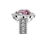 Milgrain Halo Engagement Ring Setting for Fancy Pink Heart-Shaped Center with Pave Band and Prong Head in Platinum