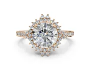 Sunburst Halo Engagement Ring Setting for Round Cut Center with Pave Band and Prong Head in Rose Gold