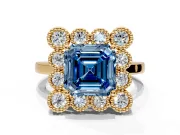 Cluster Halo Engagement Ring Setting for Fancy Blue Asscher Cut Center with Milgrain Bezel Accents and Prong Head in Yellow Gold