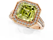 Halo Engagement Ring Setting for Fancy Yellow Asscher Cut Center with Outer Bezel Rim, Pave Band and Prong Head in Rose Gold