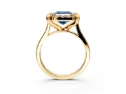 Single Halo Engagement Ring Setting for Fancy Blue Asscher Cut Center with Corner Claws, Plain Band and Prong Head in Yellow Gold