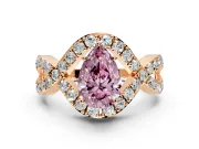 Halo Engagement Ring Setting for Fancy Pink Pear-Shaped Center with Pave Infinity Twist Band and Prong Head in Rose Gold