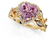 Halo Engagement Ring Setting for Fancy Pink Heart-Shaped Center with Leaf Motif Split Shank and Prong Head in Yellow Gold