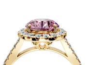 Halo Engagement Ring Setting for Fancy Pink Round Cut Center with Raised Halo, Pave Band and Prong Head in Yellow Gold