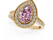 Halo Engagement Ring Setting for Fancy Pink Pear-Shaped Center with Milgrain Pave Band and Bezel Head in Yellow Gold