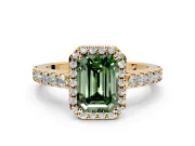 Halo Engagement Ring Setting for Fancy Green Emerald Cut Center with Full Pave Band and Prong Head in Yellow Gold