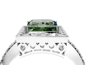 Halo Engagement Ring Setting for Fancy Green Princess Cut Center with Heart-Shaped Openwork, Pave Band and Prong Head in Sterling Silver