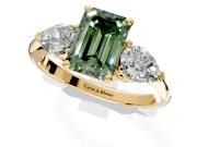 3 Stone Engagement Ring Setting for Fancy Green Emerald Cut Center with Large Pear-Shaped Accents and Prong Head in Yellow Gold