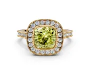 Halo Engagement Ring Setting for Fancy Yellow Cushion Cut Center with Milgrain Frame, Pave Band and Prong Head in Yellow Gold