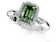 Halo Engagement Ring Setting for Fancy Green Emerald Cut Center with Tapered Plain Band and Prong Head in Sterling Silver