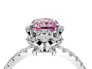 Halo Engagement Ring Setting for Fancy Pink Radiant Cut Center with Openwork Halo, Pave Band and Prong Head in Platinum