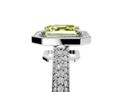 Milgrain Halo Engagement Ring Setting for Fancy Yellow Asscher Cut Center with Three-Sided Pave Band and Prong Head in White Gold