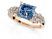 Cluster Engagement Ring Setting for Fancy Blue Princess Cut Center with 2-Row Shoulder Clusters and Prong Head in Rose Gold