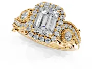 Milgrain Halo Engagement Ring Setting for Emerald Cut Center with Shoulder Bezels and Prong Head in Yellow Gold