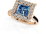 Single Halo Engagement Ring Setting for Fancy Blue Princess Cut Center with Corner Claws, Plain Band and Prong Head in Rose Gold