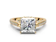 Cathedral Engagement Ring Setting for Princess Cut Center with Antique-Style Pave Band and Prong Head in Yellow Gold