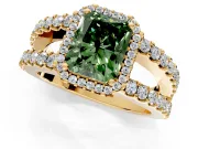 Halo Engagement Ring Setting for Fancy Green Radiant Cut Center with Wide-Open Pave Split Shank and Prong Head in Yellow Gold