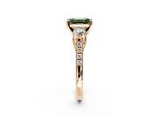 3 Stone Engagement Ring Setting for Fancy Green Emerald Cut Center with Crossover Basket, Pave Band and Prong Head in Rose Gold