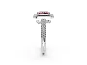 Milgrain Halo Engagement Ring Setting for Fancy Pink Radiant Cut Center with Three-Sided Pave Band and Prong Head in White Gold