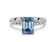 Solitaire Engagement Ring Setting for Fancy Blue Emerald Cut Center with Round Cut Pave Band and Prong Head in White Gold