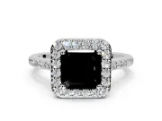 Halo Engagement Ring Setting for Fancy Black Asscher Cut Center with Pave Accents, Heart Basket and Prong Head in Sterling Silver