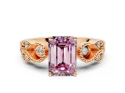 Leaf Engagement Ring Setting for Fancy Pink Emerald Cut Center with Milgrain Accent Band and Prong Head in Rose Gold