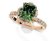 Halo Engagement Ring Setting for Fancy Green Radiant Cut Center with Openwork Halo, Pave Band and Prong Head in Rose Gold