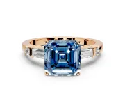 Bar-Set Engagement Ring Setting for Fancy Blue Asscher Cut Center with Tapered Baguette Accents and Prong Head in Rose Gold