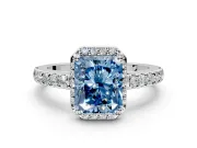 Halo Engagement Ring Setting for Fancy Blue Radiant Cut Center with Full Pave Band and Prong Head in White Gold