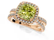 Halo Engagement Ring Setting for Fancy Yellow Cushion Cut Center with Double Pave Split Shank and Prong Head in Rose Gold