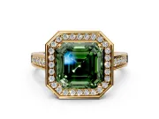 Halo Engagement Ring Setting for Fancy Green Asscher Cut Center with Outer Bezel Rim, Pave Band and Prong Head in Yellow Gold