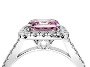 Halo Engagement Ring Setting for Fancy Pink Asscher Cut Center with Raised Halo, Pave Band and Prong Head in Platinum