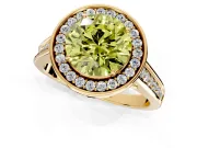 Halo Engagement Ring Setting for Fancy Yellow Round Cut Center with Outer Bezel Rim, Pave Band and Prong Head in Yellow Gold