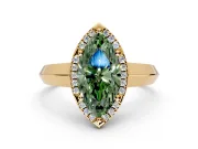 Halo Engagement Ring Setting for Fancy Green Marquise Center with Knife Ridge Cathedral Band and Prong Head in Yellow Gold