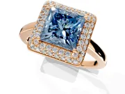 Halo Engagement Ring Setting for Fancy Blue Princess Cut Center with Plain Tapered Band and Prong Head in Rose Gold