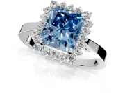 Starburst Halo Engagement Ring Setting for Fancy Blue Radiant Cut Center with Flat Cathedral Band and Prong Head in Platinum