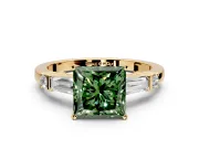 Bar-Set Engagement Ring Setting for Fancy Green Princess Cut Center with Tapered Baguette Accents and Prong Head in Yellow Gold