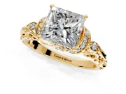 Solitaire Engagement Ring Setting for Princess Cut Center with Filigree Band and Prong Head in Yellow Gold