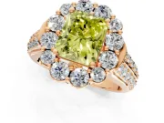 Large Accent Halo Engagement Ring Setting for Fancy Yellow Radiant Cut Center with Pave Split Shank and Prong Head in Rose Gold
