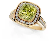 Halo Engagement Ring Setting for Fancy Yellow Cushion Cut Center with Outer Bezel Rim, Pave Band and Prong Head in Yellow Gold