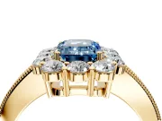 Halo Engagement Ring Setting for Fancy Blue Emerald Cut Center with Milgrain Channel Band and Prong Head in Yellow Gold