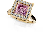 Single Halo Engagement Ring Setting for Fancy Pink Princess Cut Center with Corner Claws, Plain Band and Prong Head in Yellow Gold