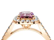 Halo Engagement Ring Setting for Fancy Pink Emerald Cut Center with Raised Halo, Pave Band and Prong Head in Rose Gold
