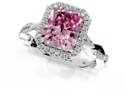 Halo Engagement Ring Setting for Fancy Pink Radiant Cut Center with Pave and Plain Twist Band and Prong Head in Platinum